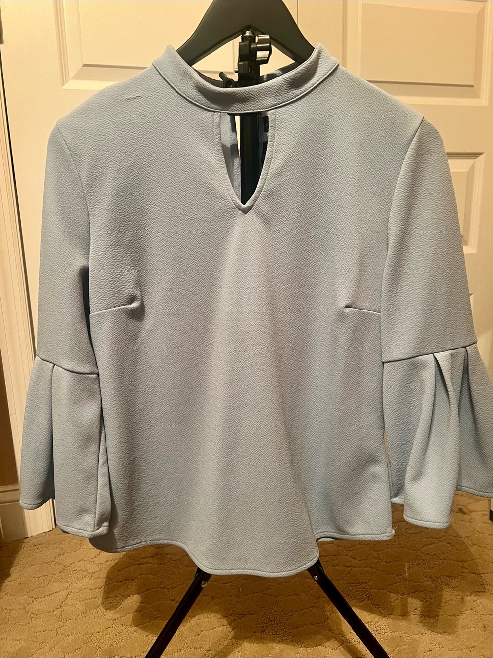 New York & Company Light Blue Bell Sleeve Mock Neck Blouse